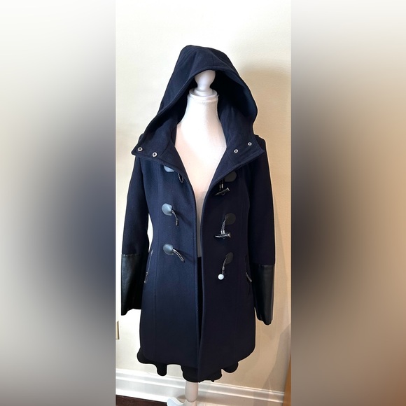 BCBG MaxAzria Samantha Wool Hooded Duffle Toggle Coat Navy Blue Women Sz M - Picture 3 of 11